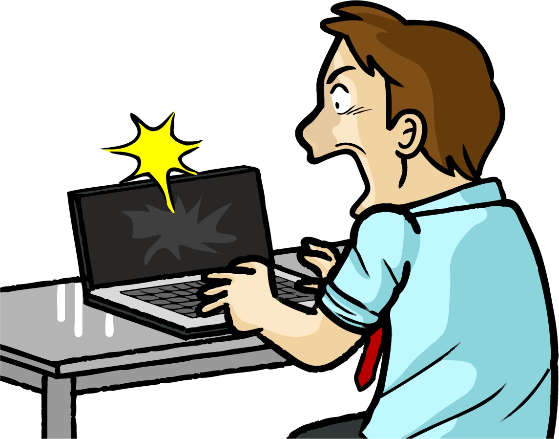 壊れたパソコンに驚く男性